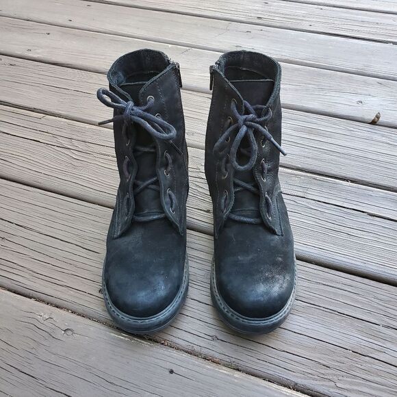 Bueno Getty Black Nubuck Suede Leather Lace-up Chunky Combat Military Moto Boots - Picture 6 of 9